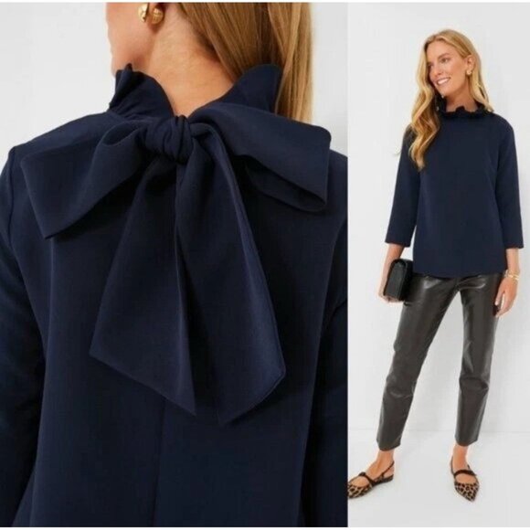 Tuckernuck Tops - Tuckernuck NEW Navy Faye Preppy Bow Ruffle‎ Collar 3/4 Sleeve Blouse Size Large